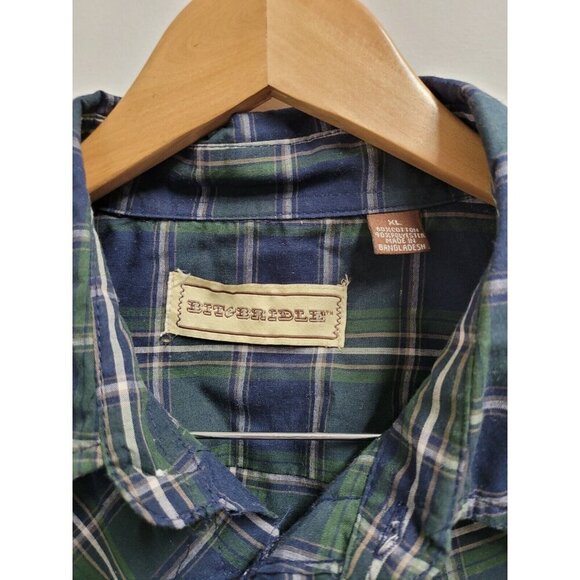 Bit & Bridle Shirt Blue Green Plaid Button Up Pearl Snap Western Mens Size XL - Picture 4 of 5